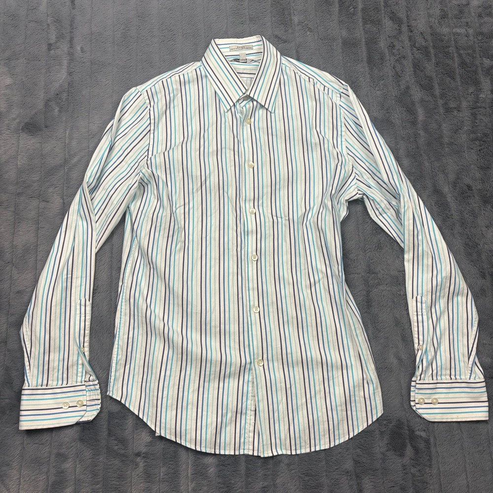 Express Fitted Mens Button Up Shirt M 15-15.5 Blue White Striped Stretch Cotton